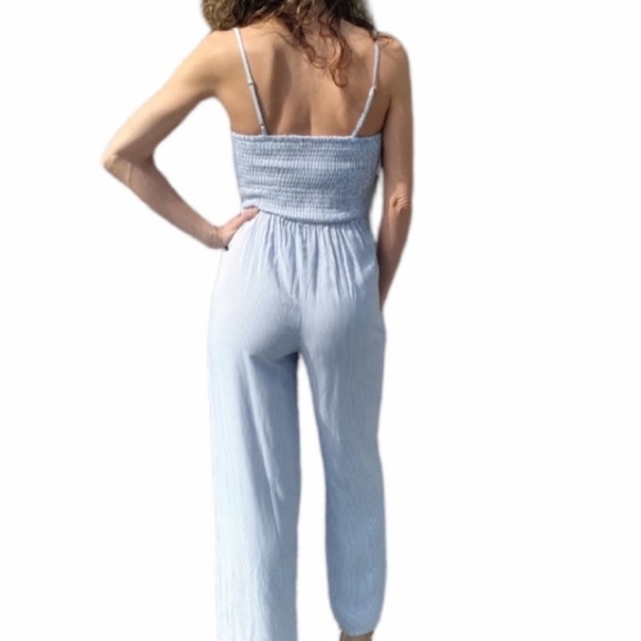 Japna Blue White Seersucker Pinstriped Embroidered Wide Leg Jumpsuit XS - Picture 8 of 8